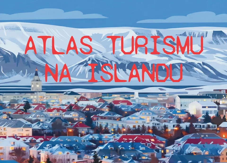 Titulní strana atlasu s ilustrací zasněženého Reykjavíku