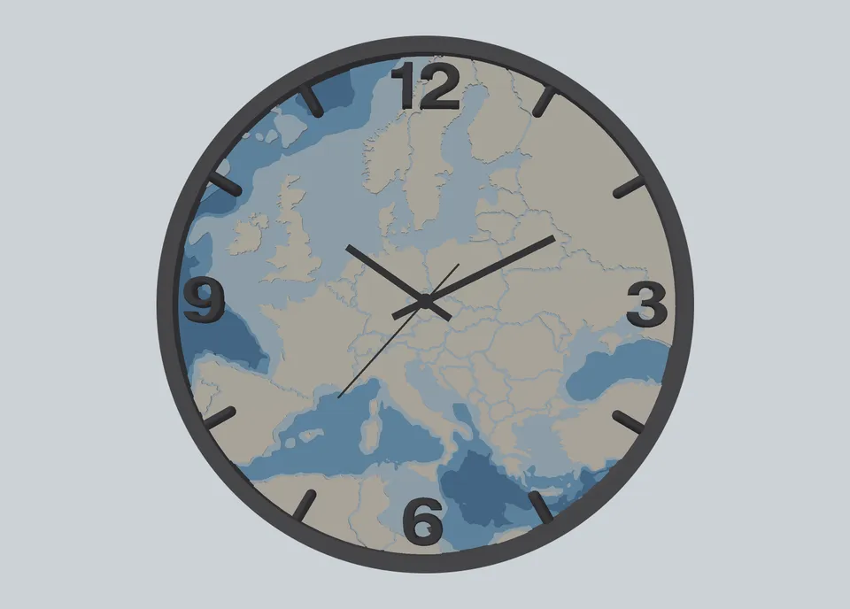 Render hodin: ciferník tvoří mapa Evropy, moře jsou vybarvená podle hloubky