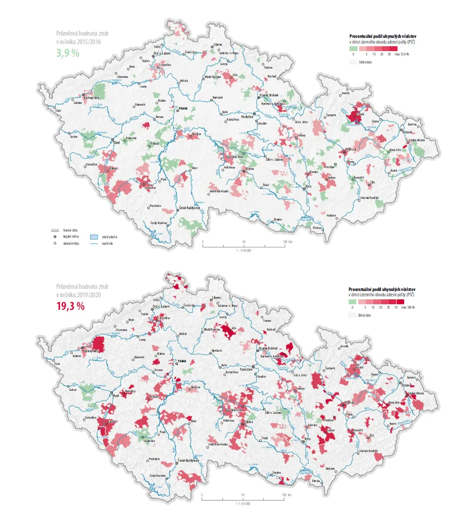 Mapy zimních ztrát včelstev v obvodech adresních pošt, ročníky 2015/2016 a 2019/2020